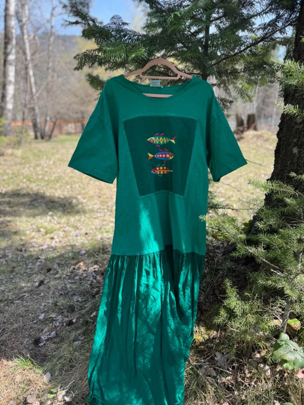 Three Fish-Embroidered Emerald Maxi Dress Johnny Was 90s VINTAGE